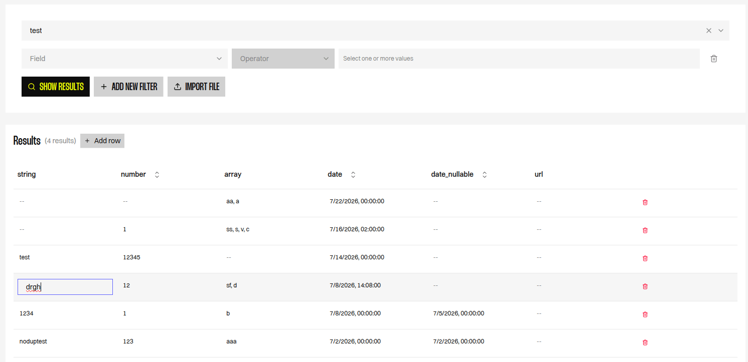 Editable datasource showing inline row editing on the Queries page