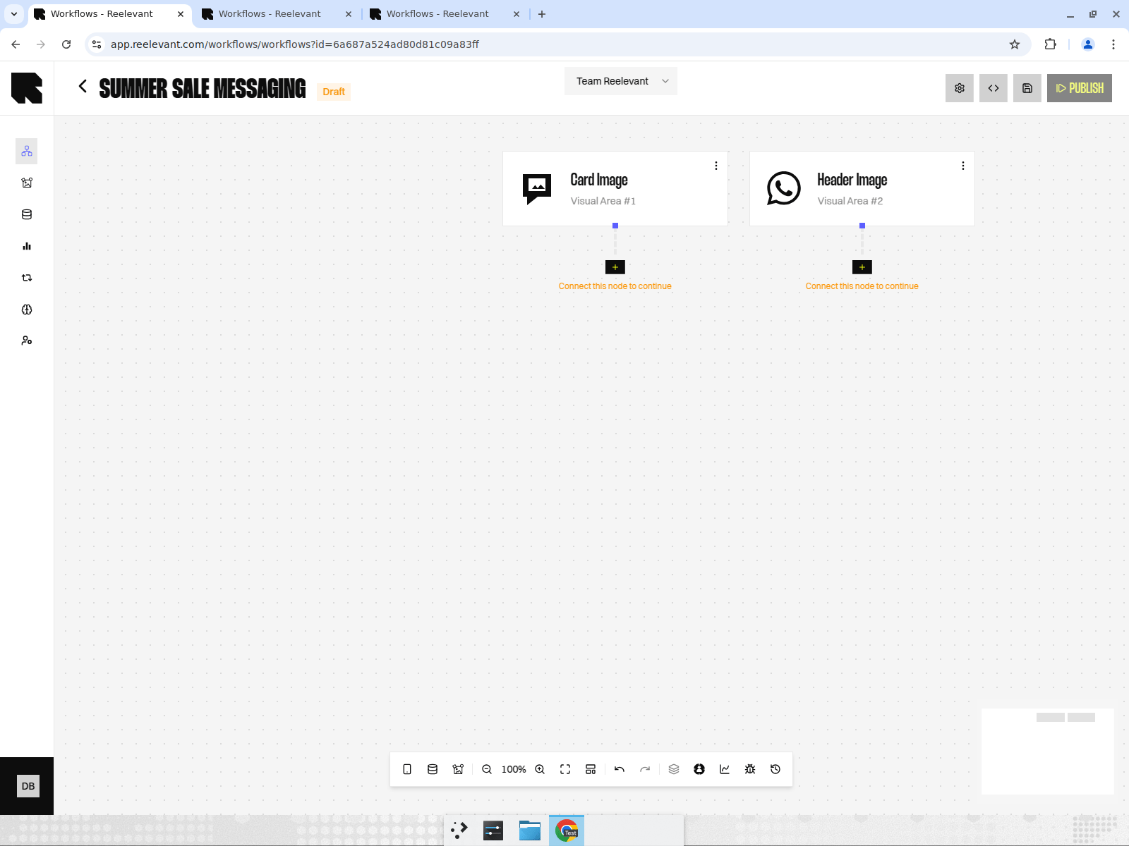 Workflow canvas with an RCS Card Image Node and a WhatsApp Header Image Node