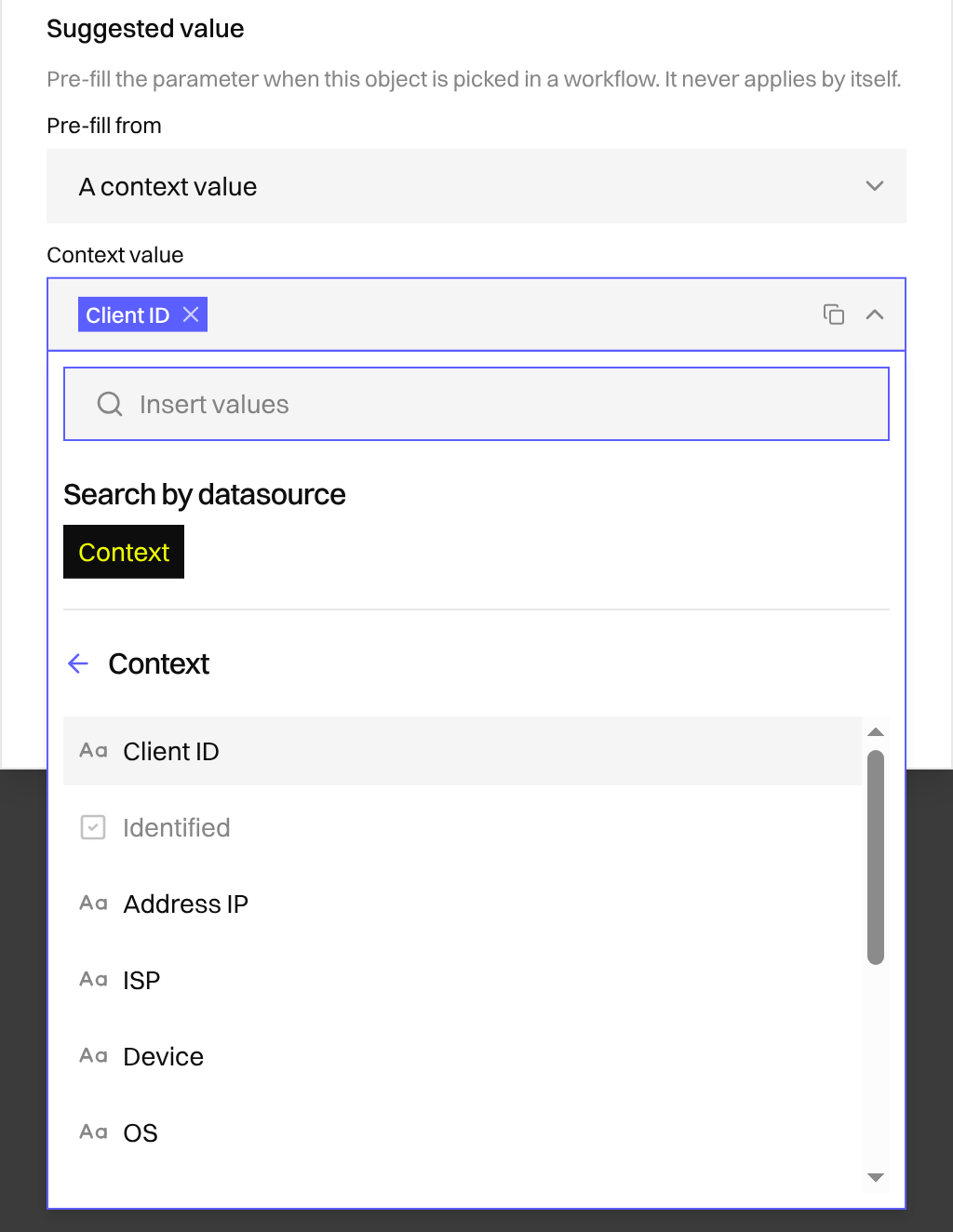 Object option editor with the From context suggestion source selected and the Context Variable Picker open