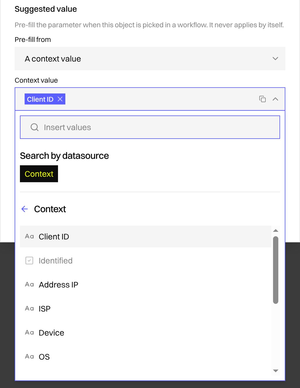 Object option editor with the From context suggestion source selected and the Context Variable Picker open