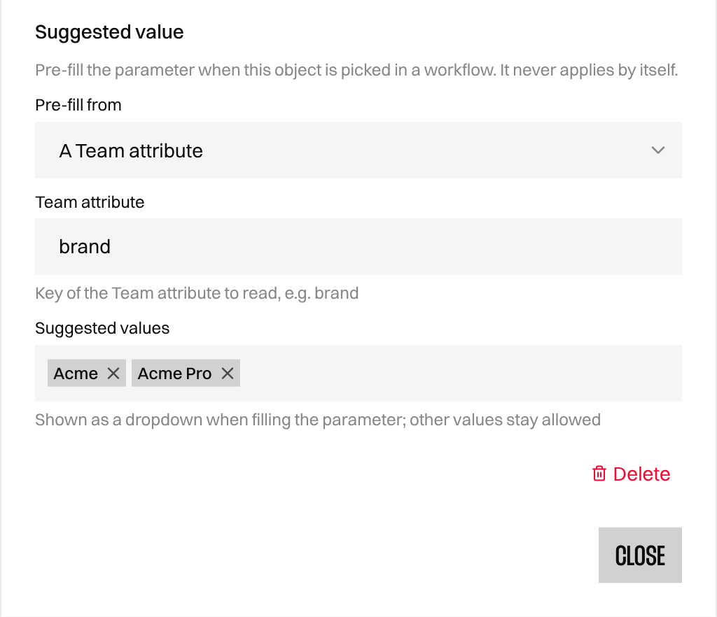 Object option editor with a Team attribute suggestion and its allowed values list