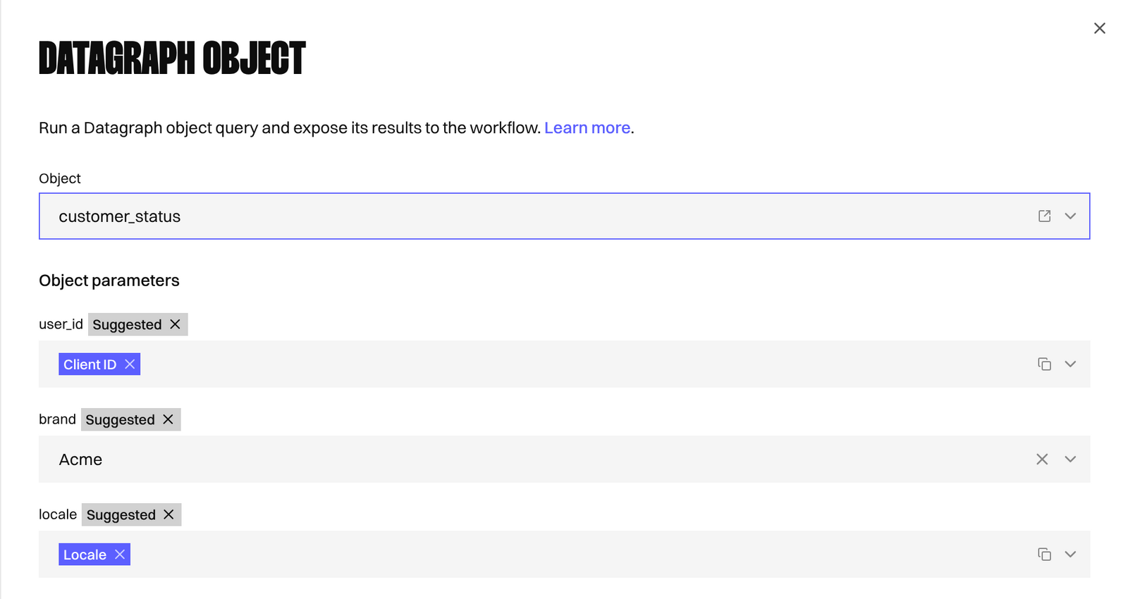 Datagraph Object Node parameters pre-filled from suggestions, each marked with the Suggested label