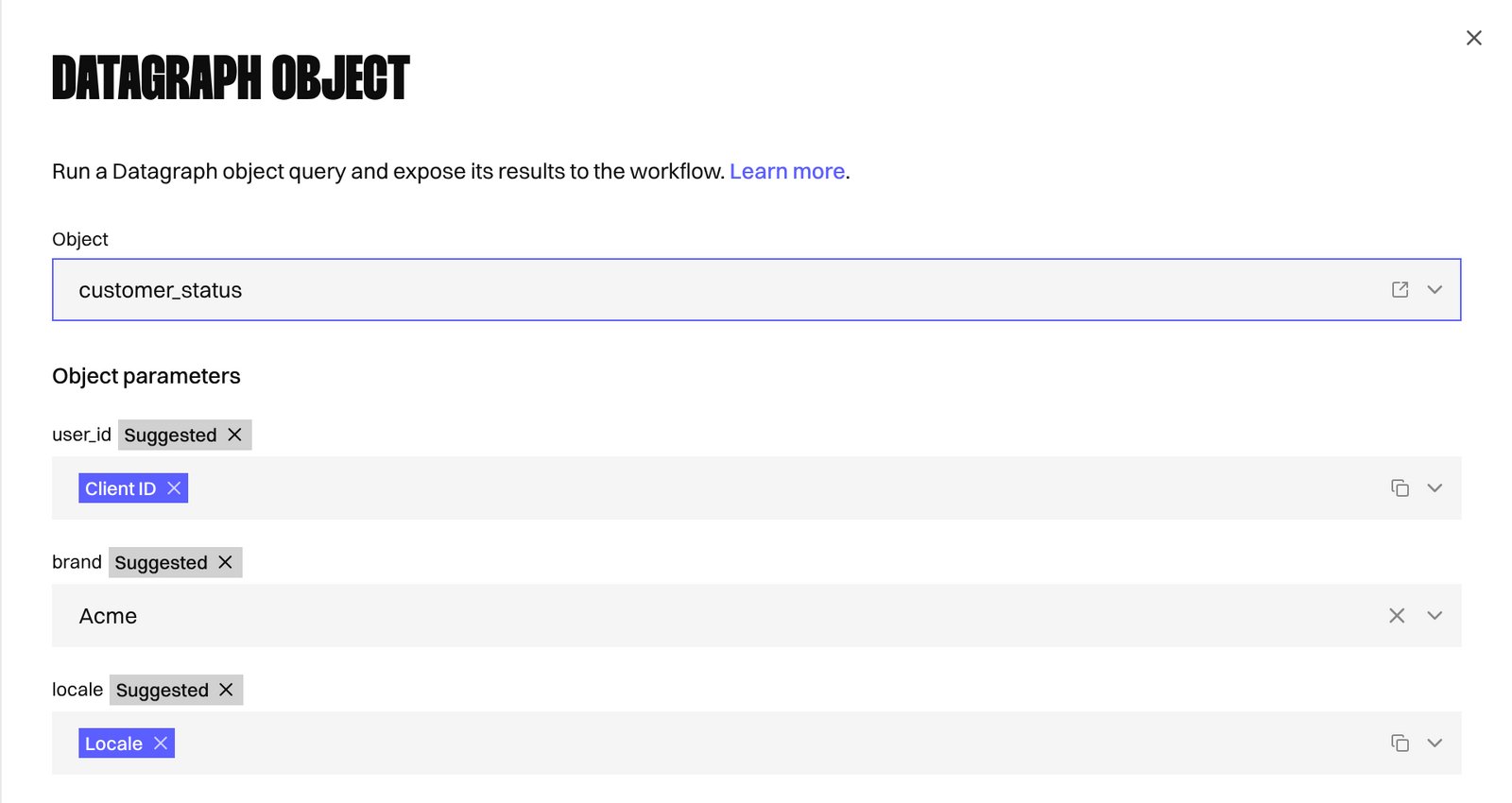 Datagraph Object Node parameters pre-filled from suggestions, each marked with the Suggested label