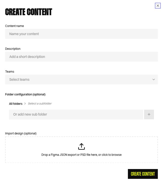 Create content modal with Import design field