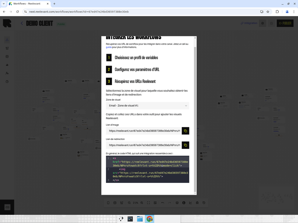 Integration modal showing Reelevant URL generation steps