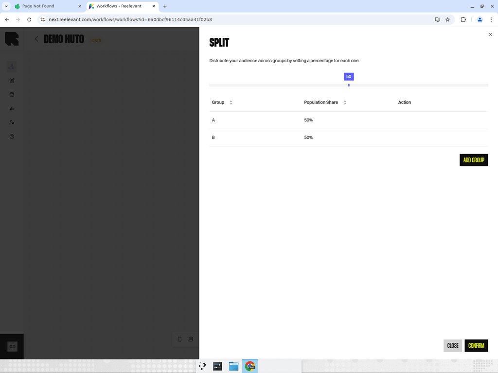 Split node configuration panel showing group distribution with percentage slider