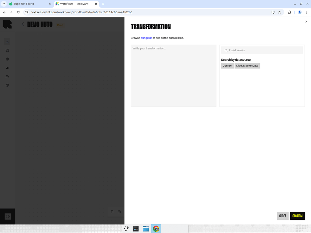 Transformation node configuration panel showing transformation editor