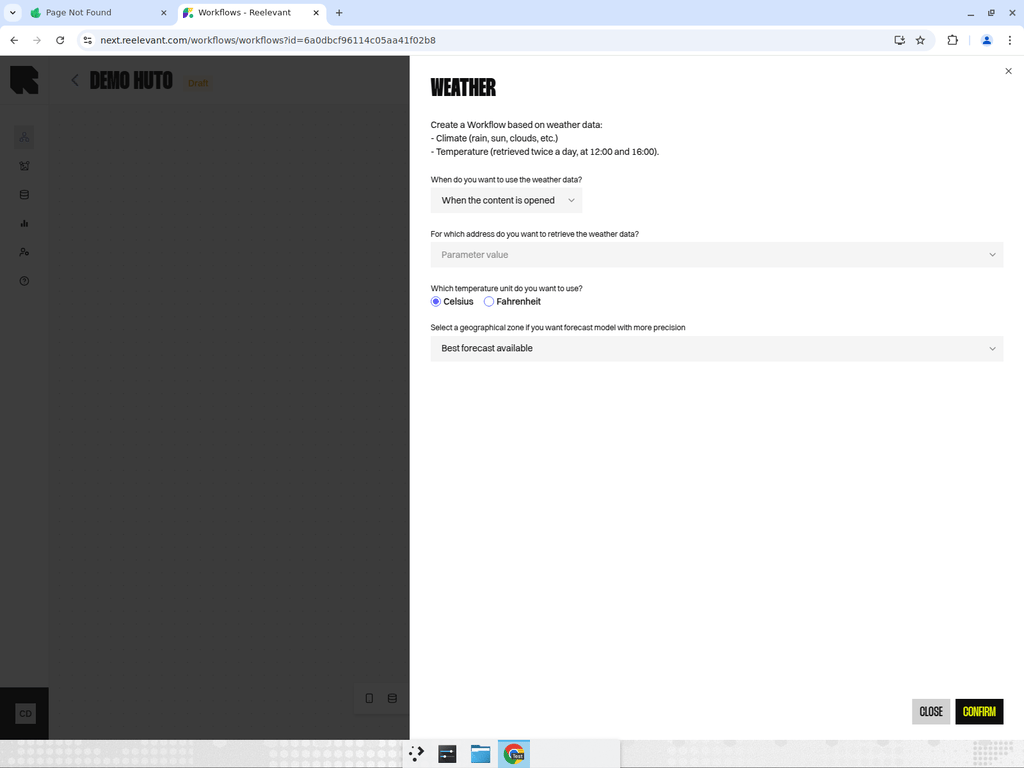 Weather node configuration panel showing weather timing, address, and temperature options