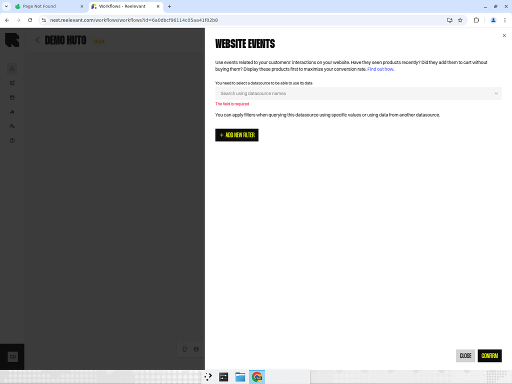 Website Events node configuration panel showing datasource selection and filters