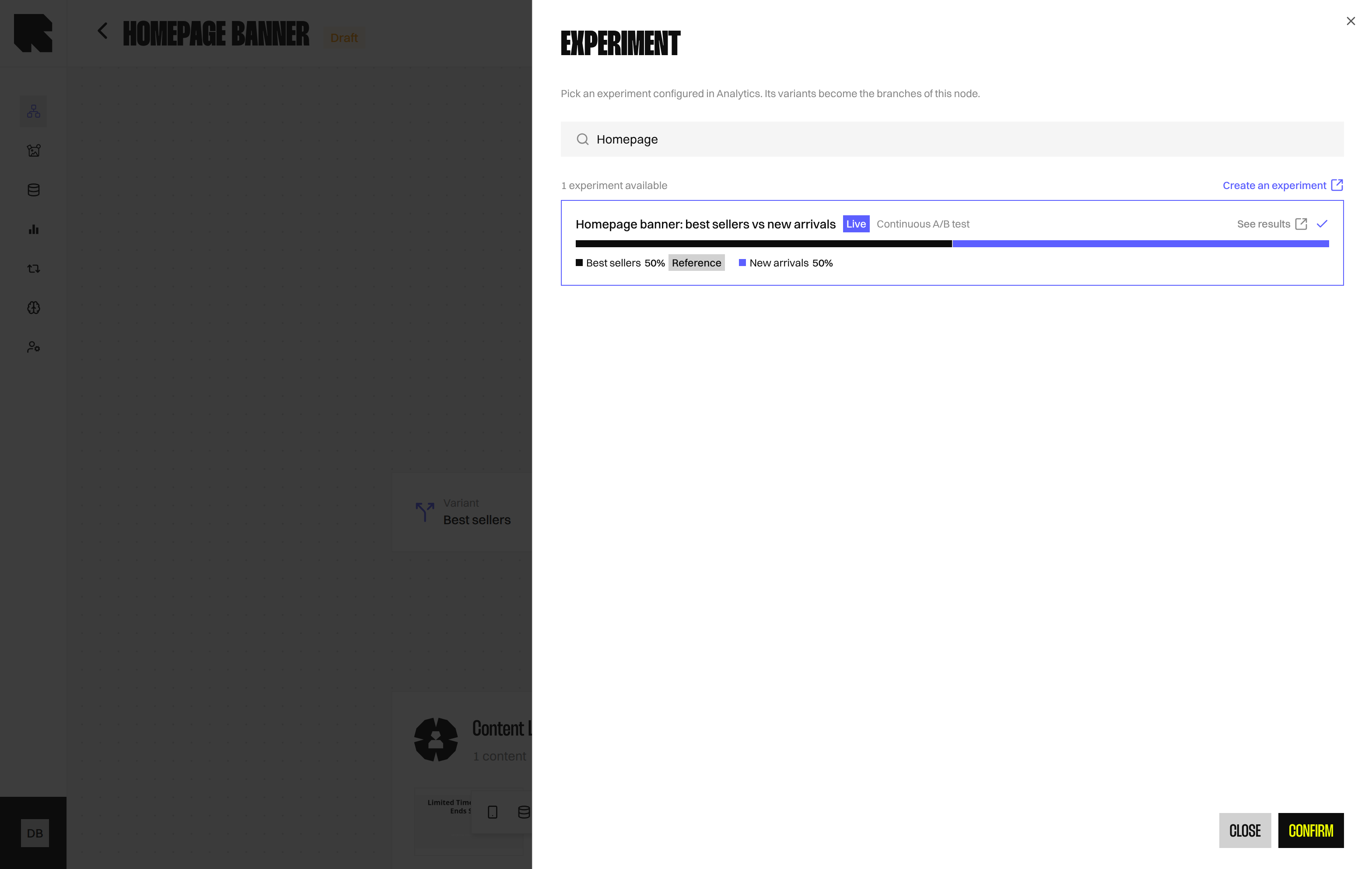 Panneau Expérimentation avec la recherche, les expérimentations disponibles, les barres de répartition et les commandes de sélection