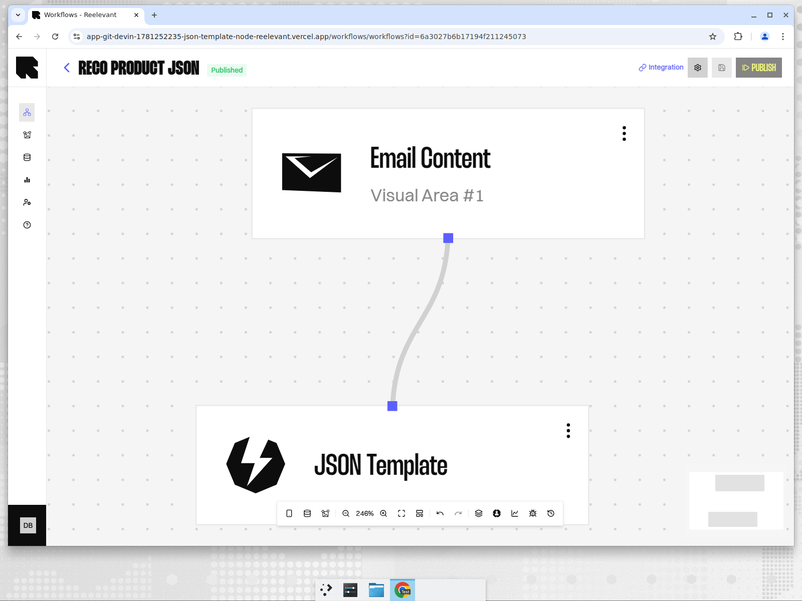 Workflow editor showing an Email Content node connected to a JSON Template output node