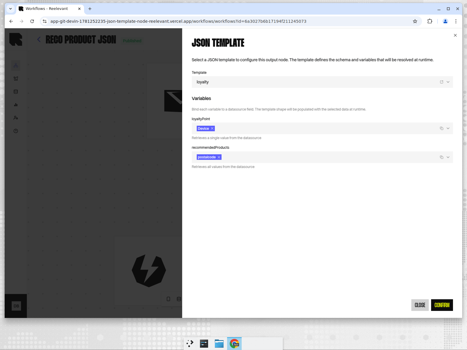 JSON Template node configuration drawer showing template selection and variable binding