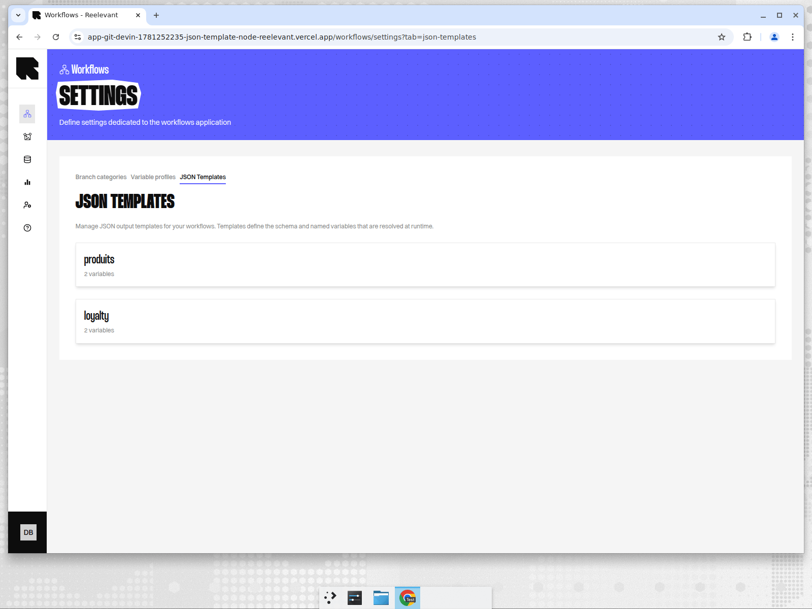 JSON Templates settings tab showing template list