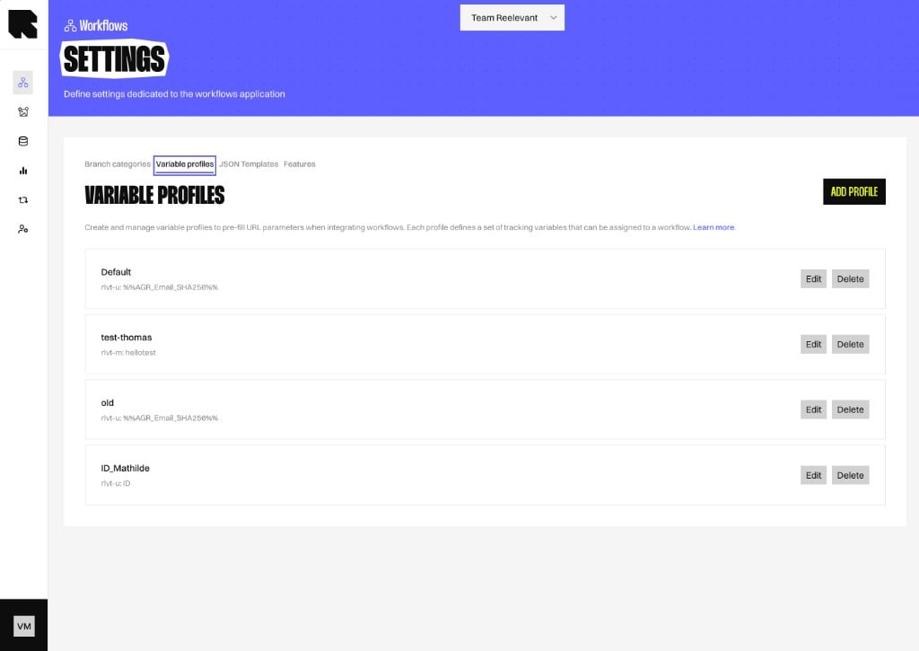 Variable profiles settings tab showing configured profiles