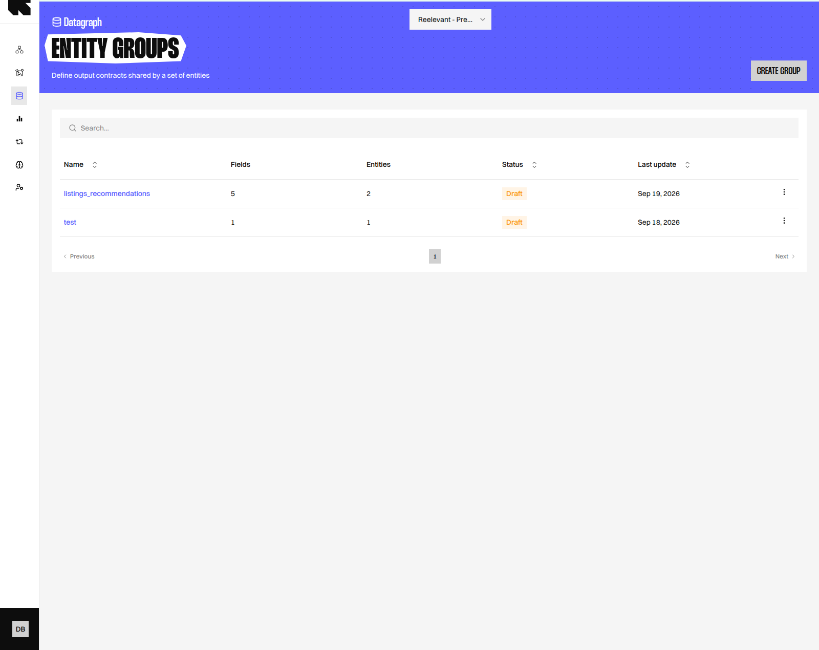 Liste des Entity groups affichant le groupe listings_recommendations avec cinq champs, deux Entities et le statut Draft