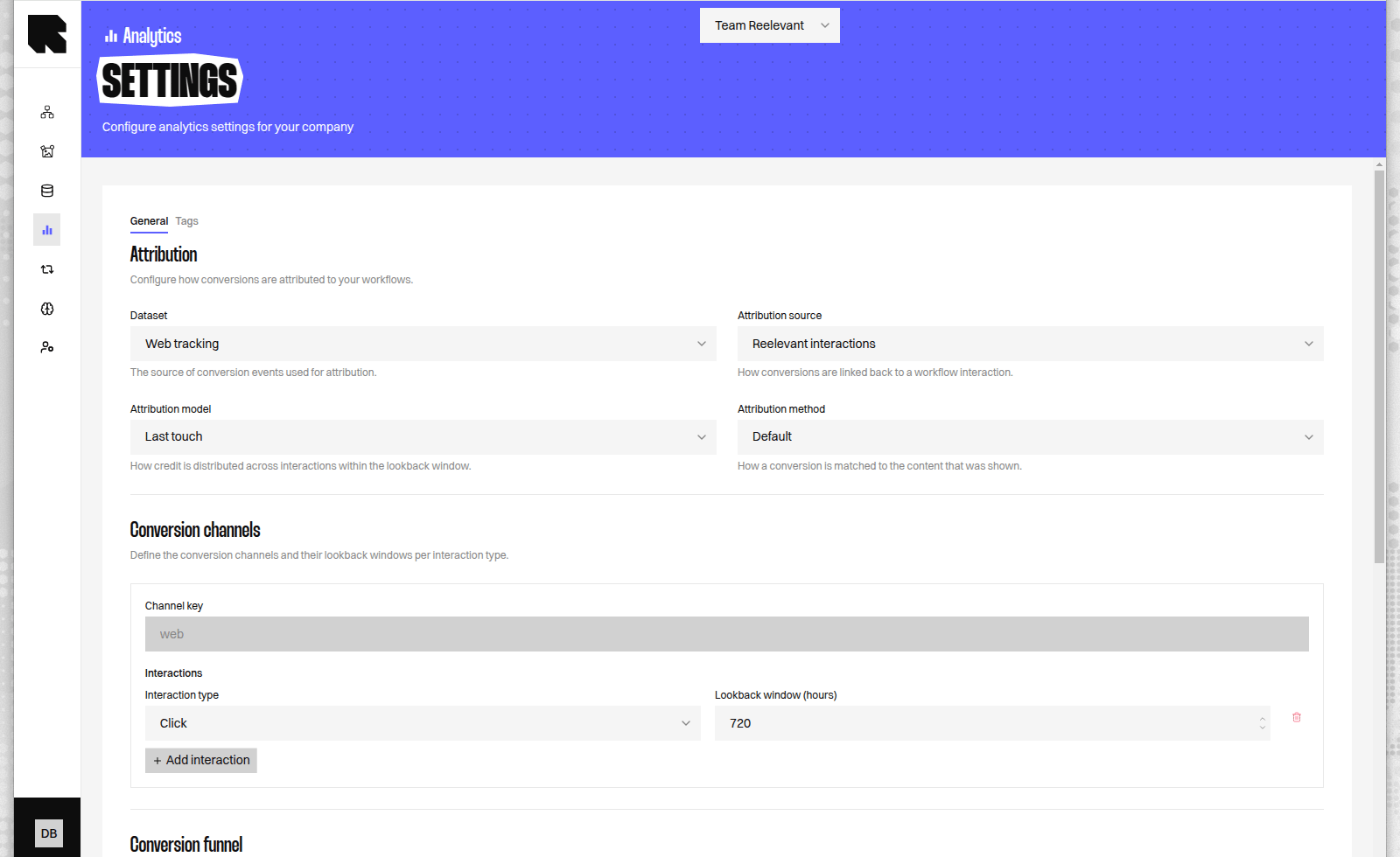 Attribution configuration on the General tab: dataset, attribution source, model, method, and conversion channels with lookback windows