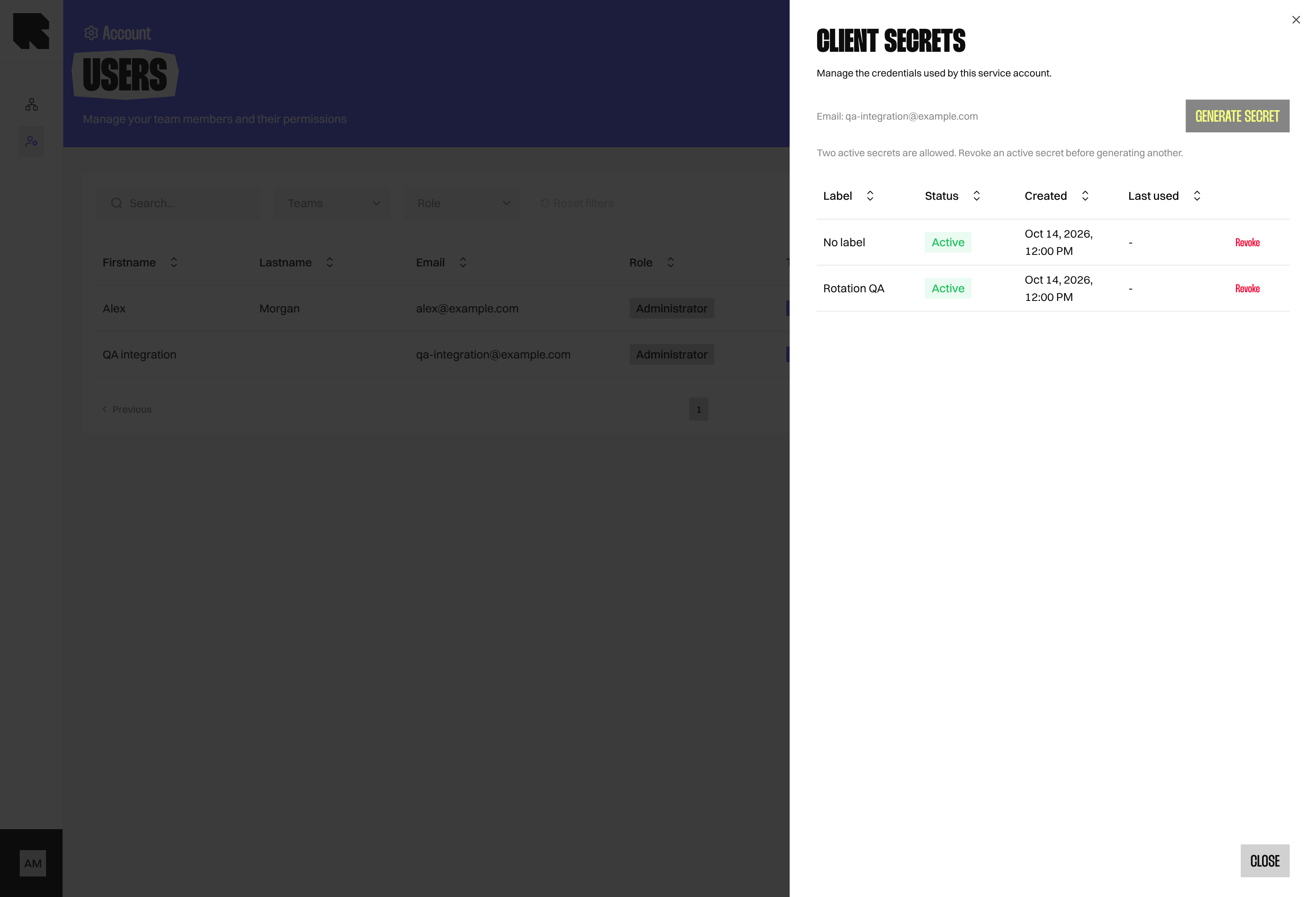 Client secrets drawer showing two active secrets with their revoke actions