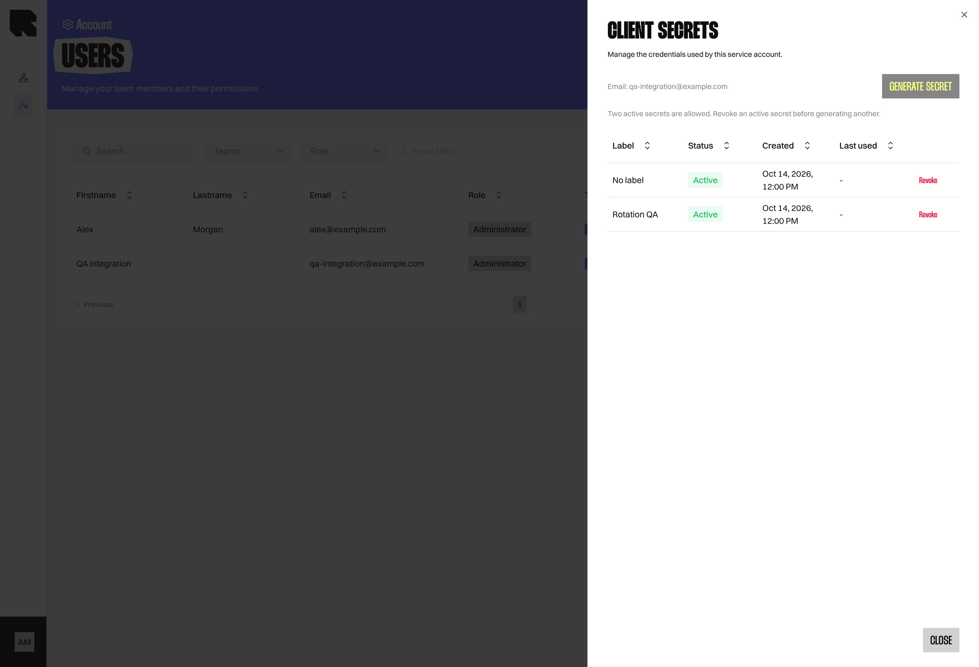 Client secrets drawer showing two active secrets with their revoke actions