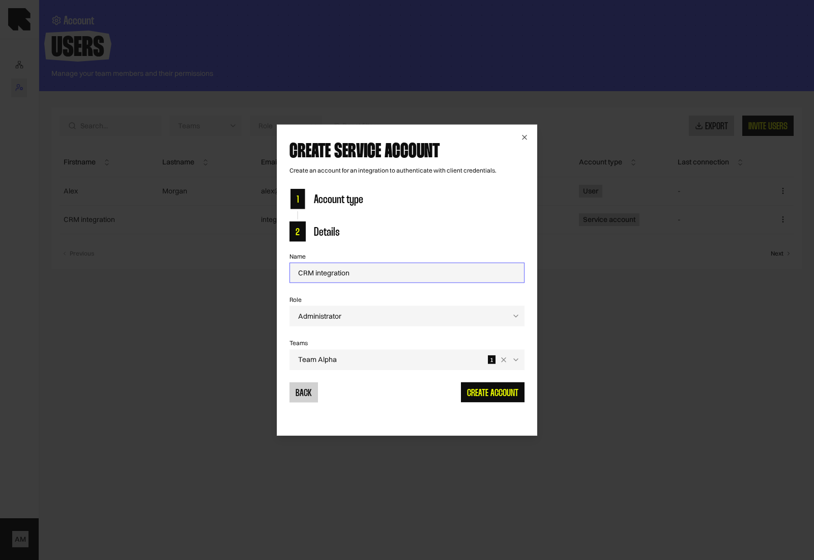 Service account details form with Name, Role, and Teams fields