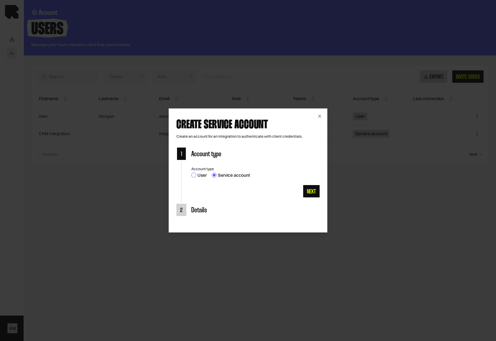 Invitation modal with Service account selected as the account type