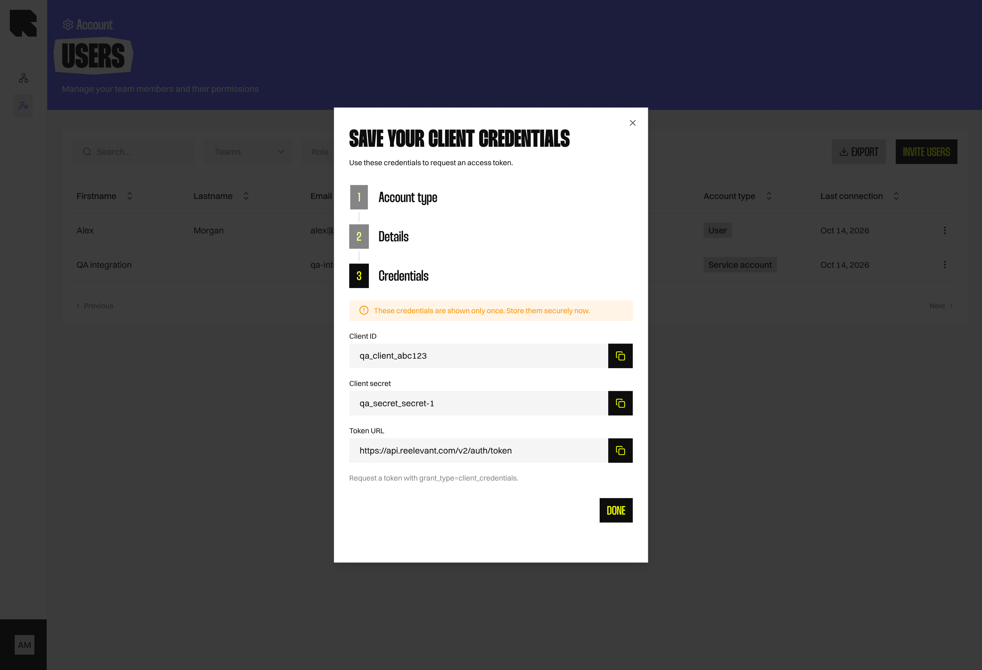 One-time view showing the client ID, client secret, and token URL