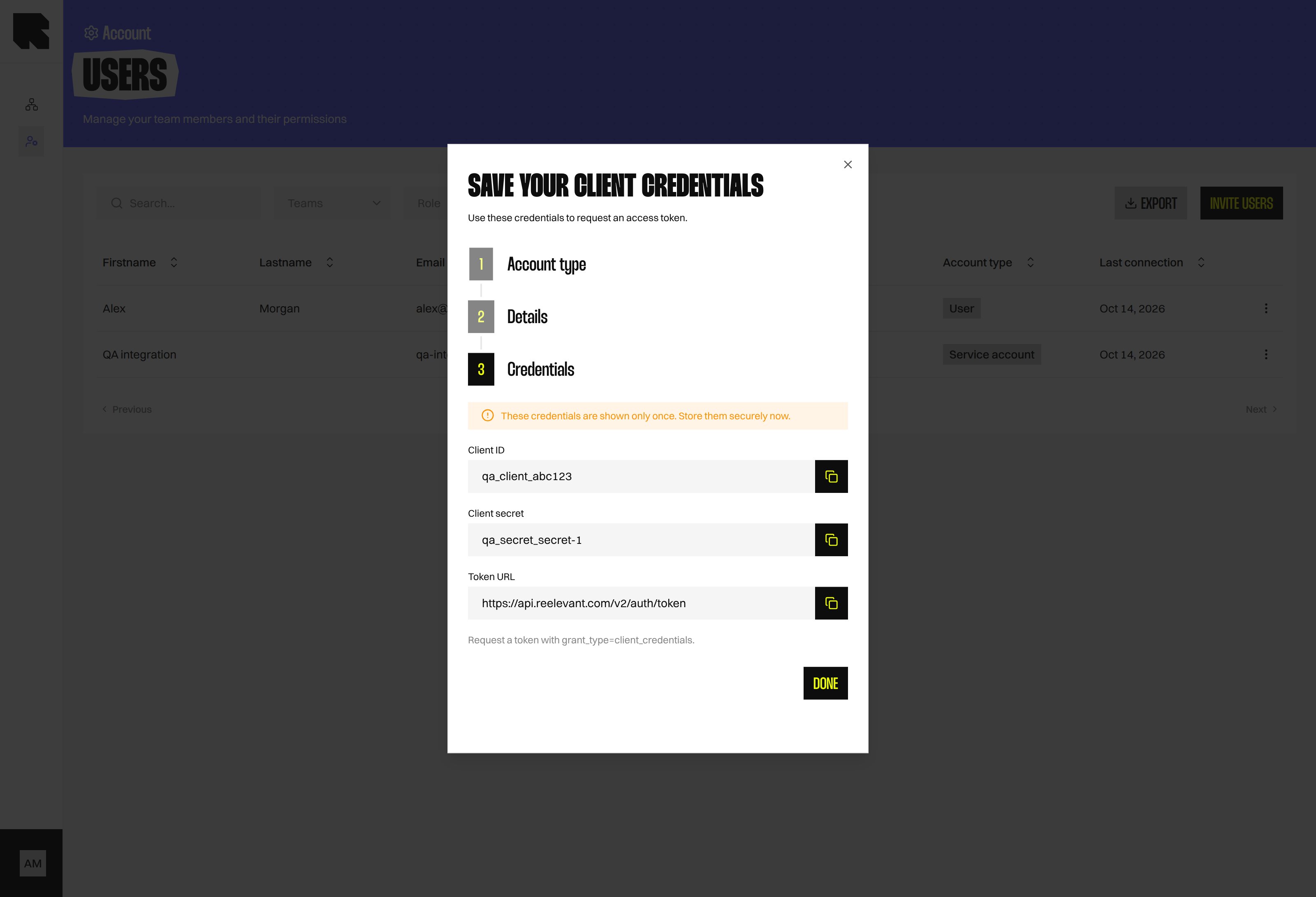 One-time view showing the client ID, client secret, and token URL