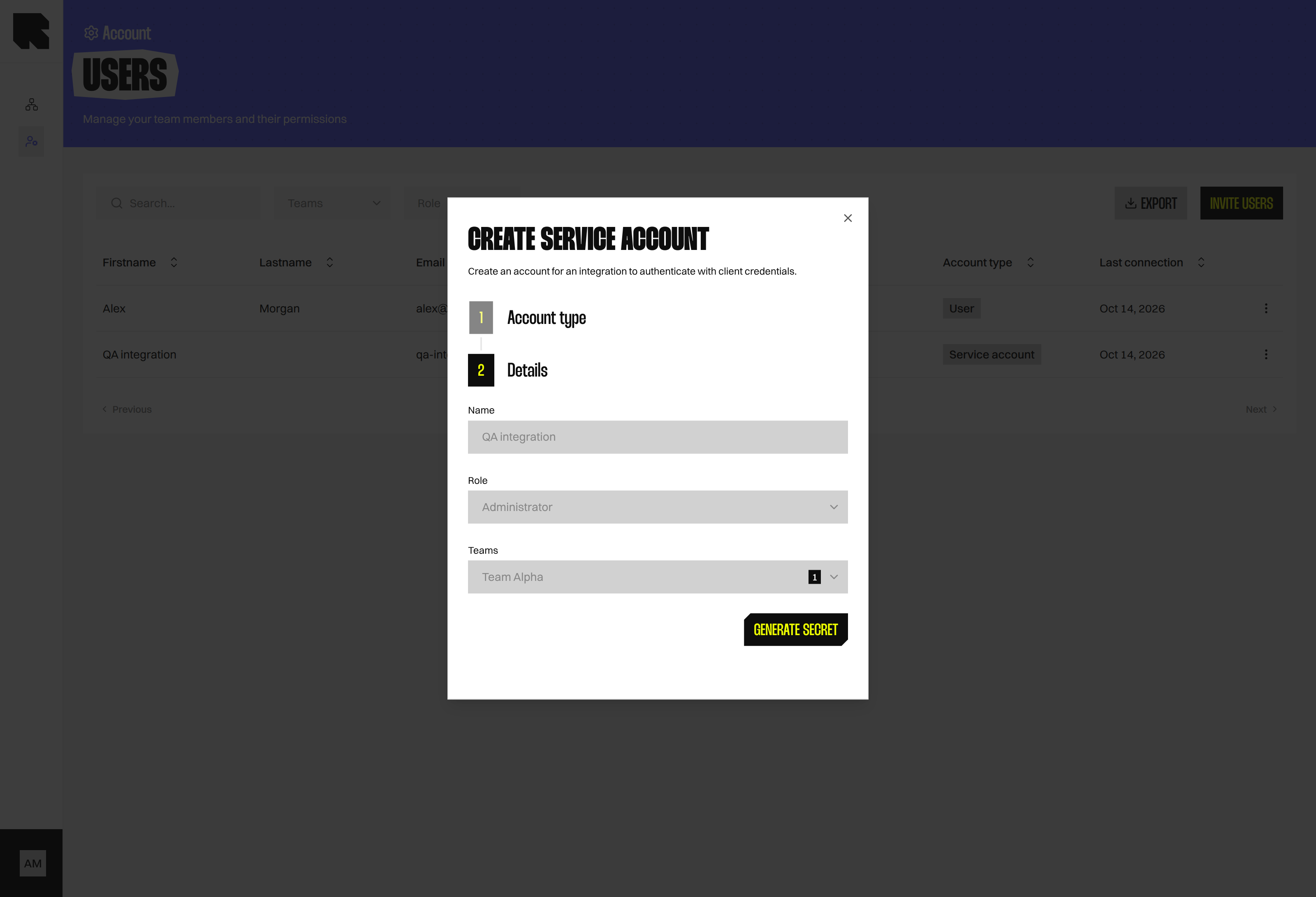 Service account creation screen after secret generation fails, with Generate secret available for retry
