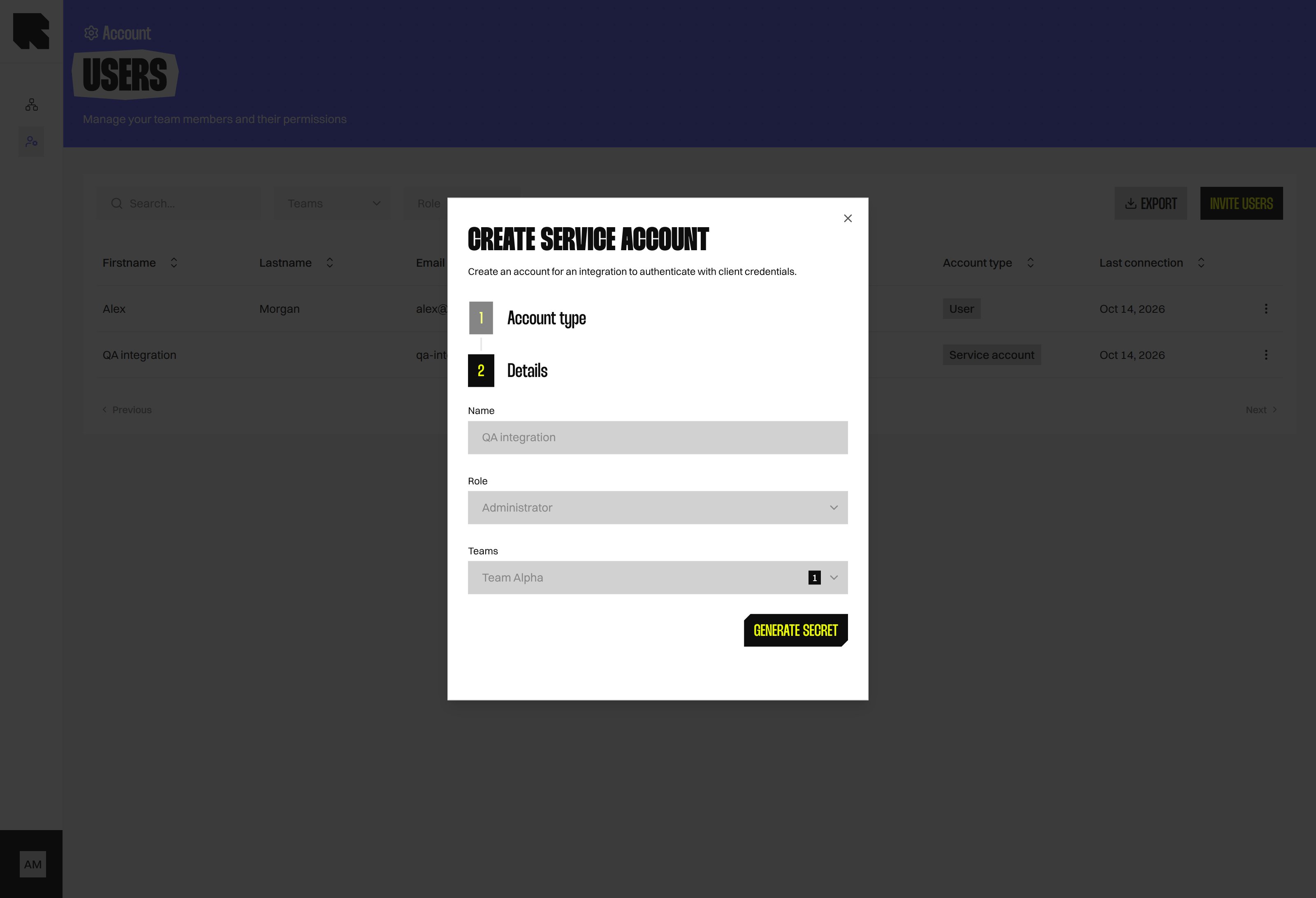 Service account creation screen after secret generation fails, with Generate secret available for retry