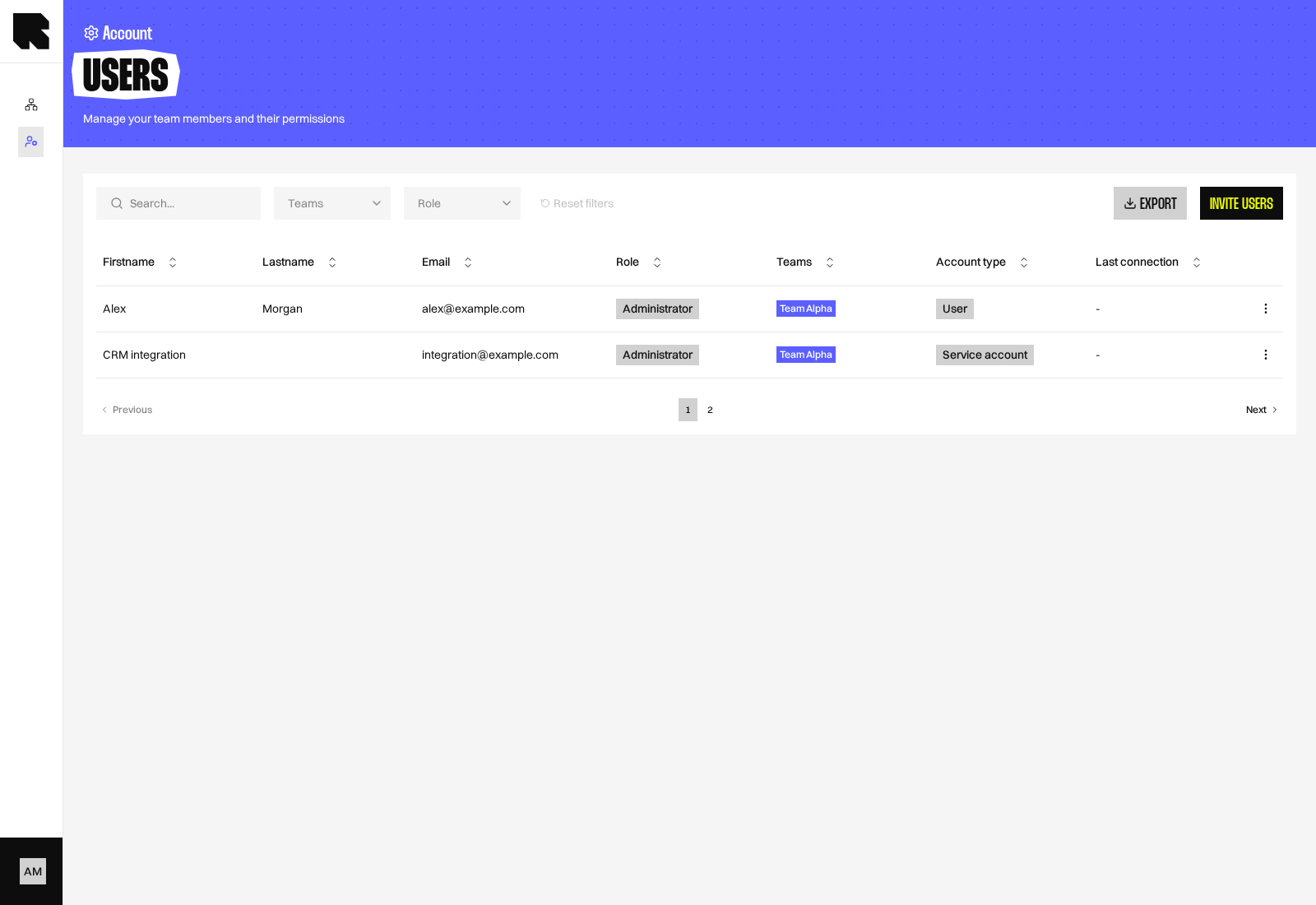 Users table showing the Invite users button and a service account row