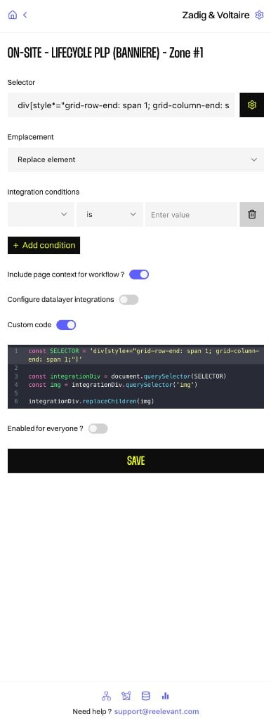 On-site integration configuration in the browser extension