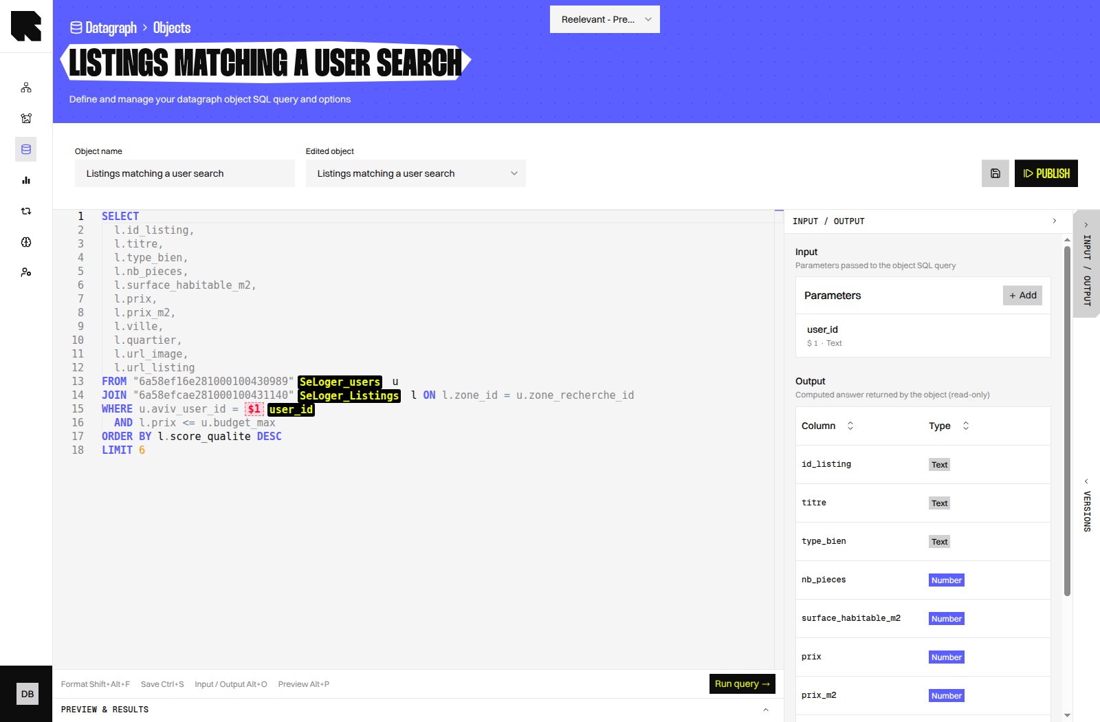 INPUT / OUTPUT panel showing the user_id parameter and returned fields with Text, Number, and Image URL types
