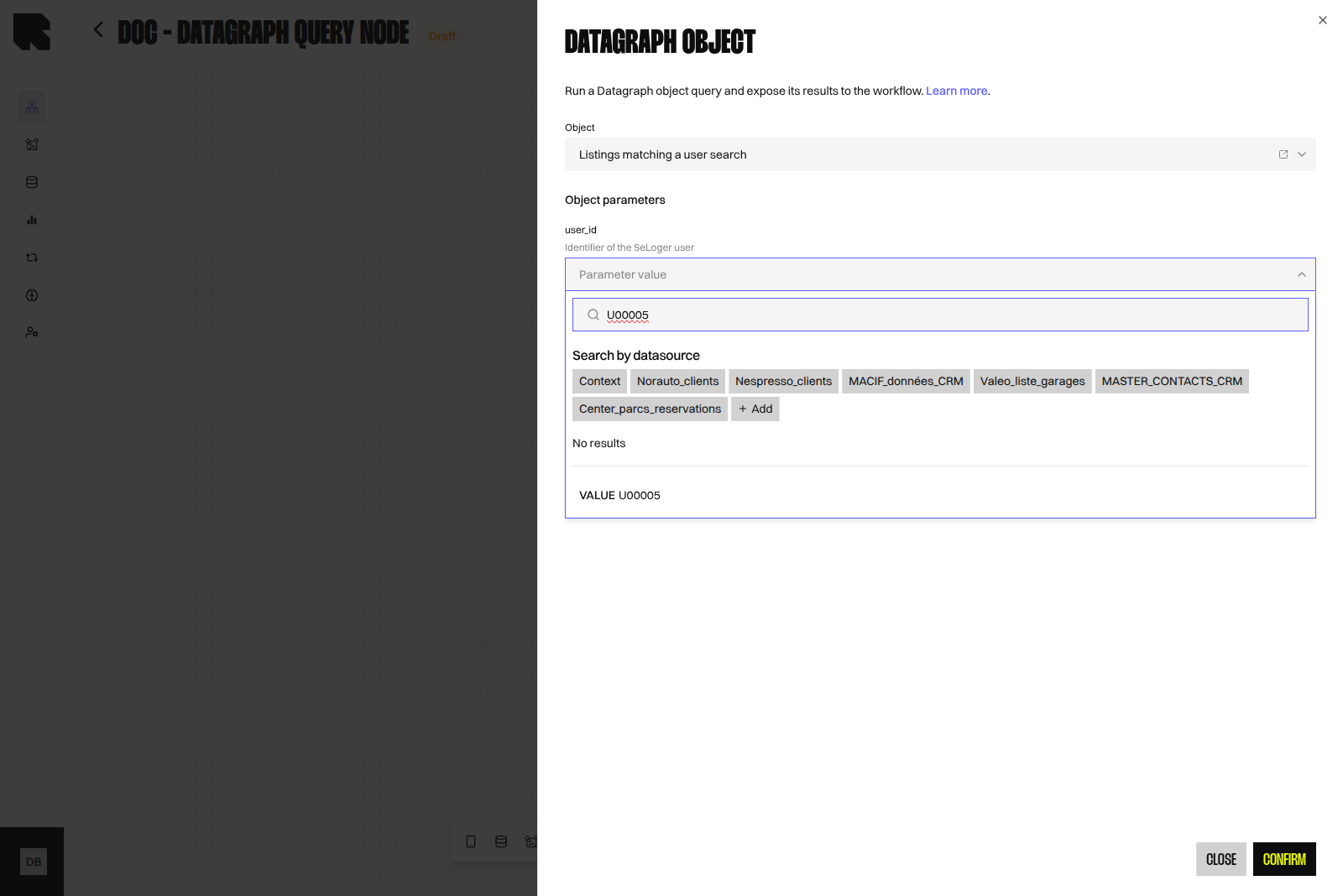 Datagraph Object parameter input with its type, short description, and available Workflow values