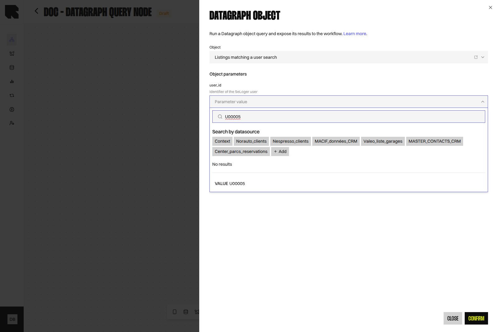Datagraph Object parameter input with its type, short description, and available Workflow values