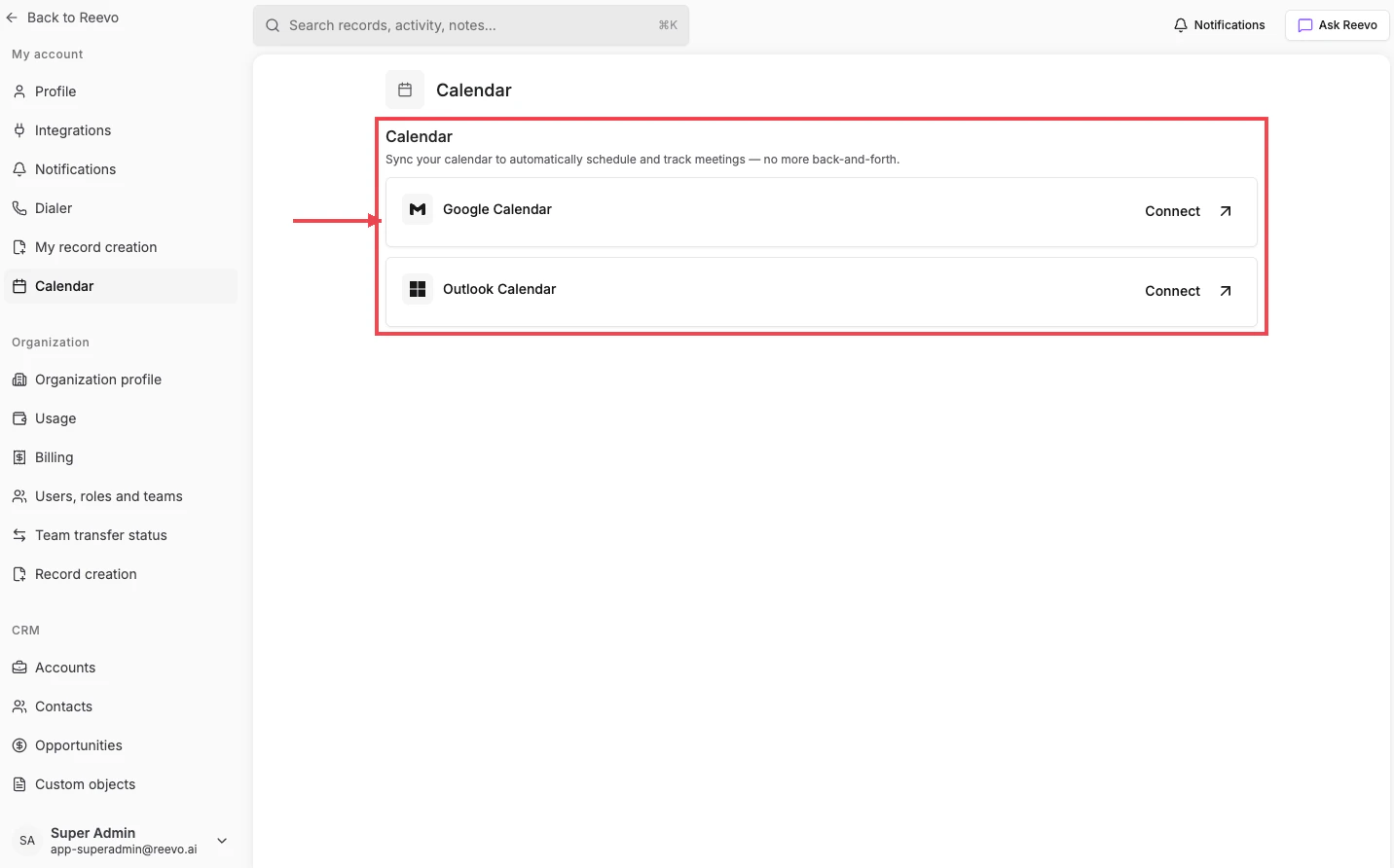 Calendar settings page with the Google and Outlook calendar connection cards