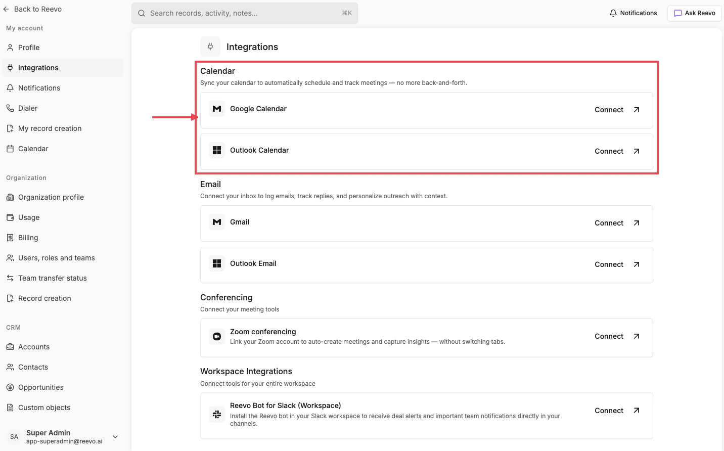 Calendar section on the Integrations page with the Google Calendar and Outlook Calendar cards highlighted