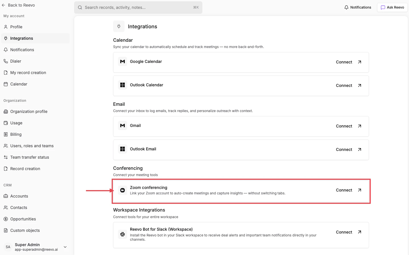 Conferencing section on the Integrations page with the Zoom card highlighted