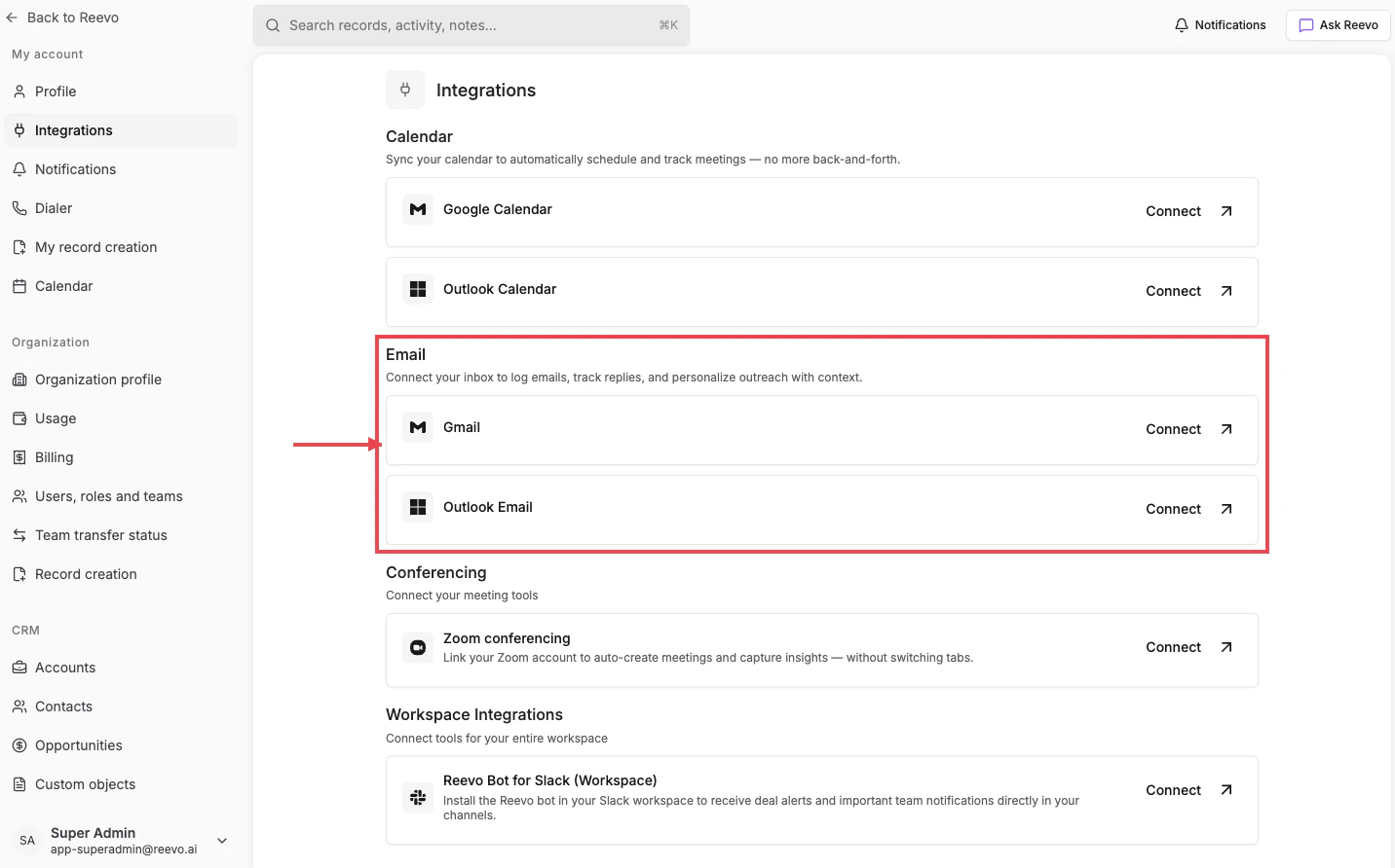 Email section on the Integrations page with the Gmail and Outlook Email cards highlighted