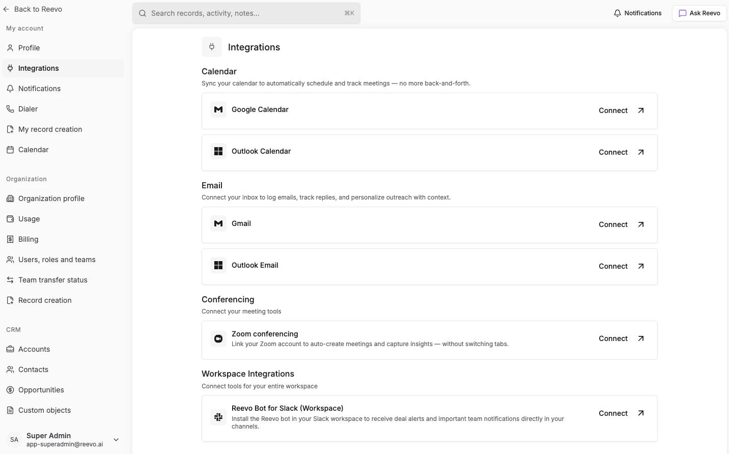 The Connected Apps step shows the same Email, Calendar, and Conferencing sections you'll later see on Settings → Integrations