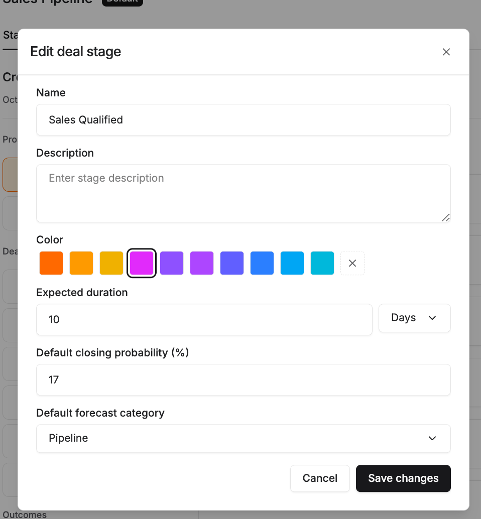 Stage settings form showing Default closing probability and Default forecast category fields