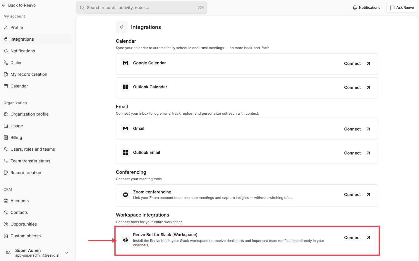 Workspace Integrations section on the Integrations page with the Slack card highlighted