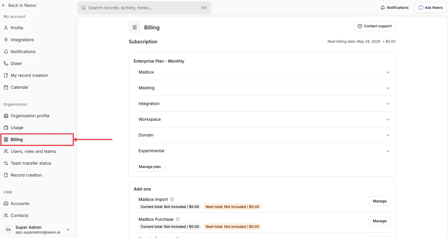 Billing page with Subscription and Add-ons sections