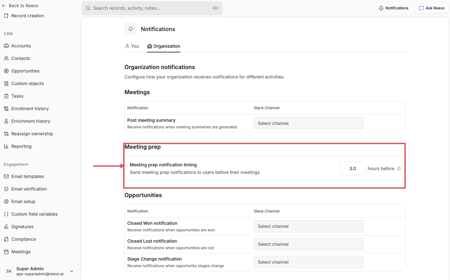 Meeting prep timing section on the Notifications Organization tab