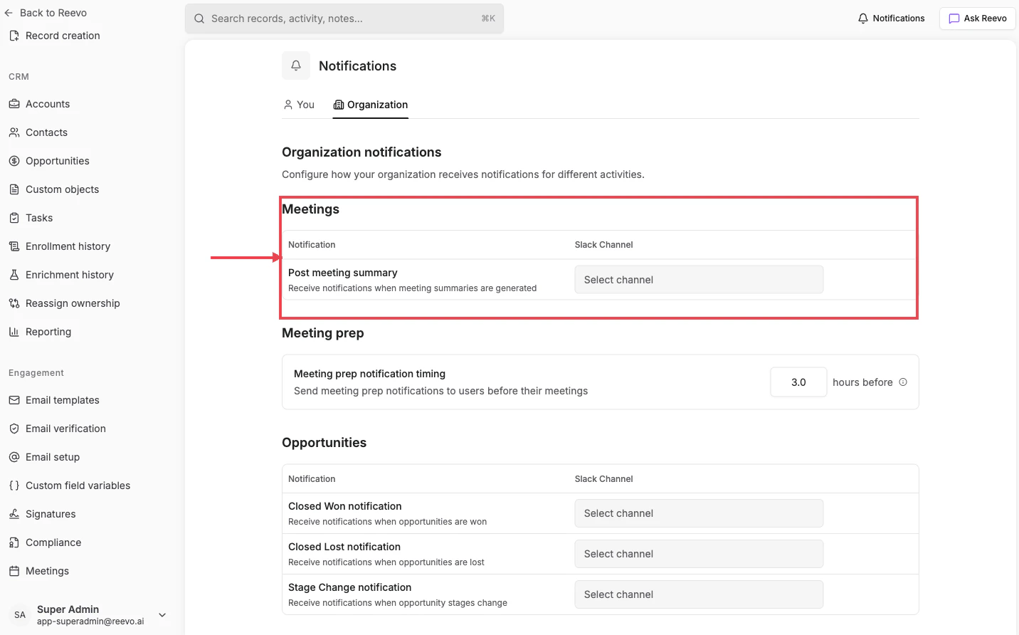 Meetings section on the Notifications Organization tab