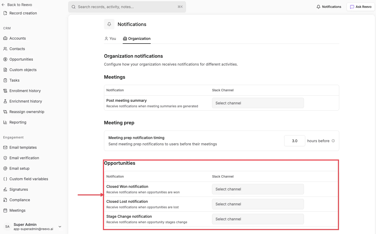 Opportunities section on the Notifications Organization tab