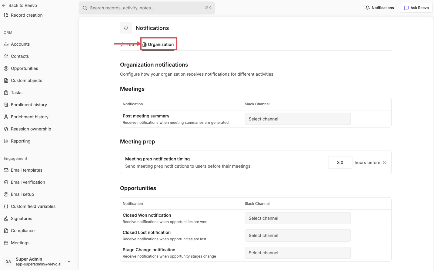 Organization tab on the Notifications page with shared Slack channel selectors