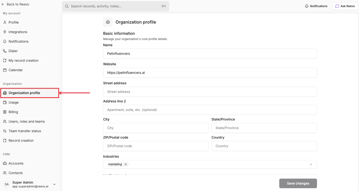 Organization profile page, with the Organization profile link highlighted in the Settings sidebar