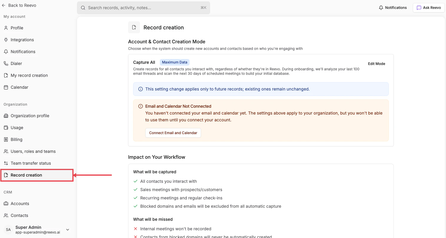 Record creation page with Capture All mode selected