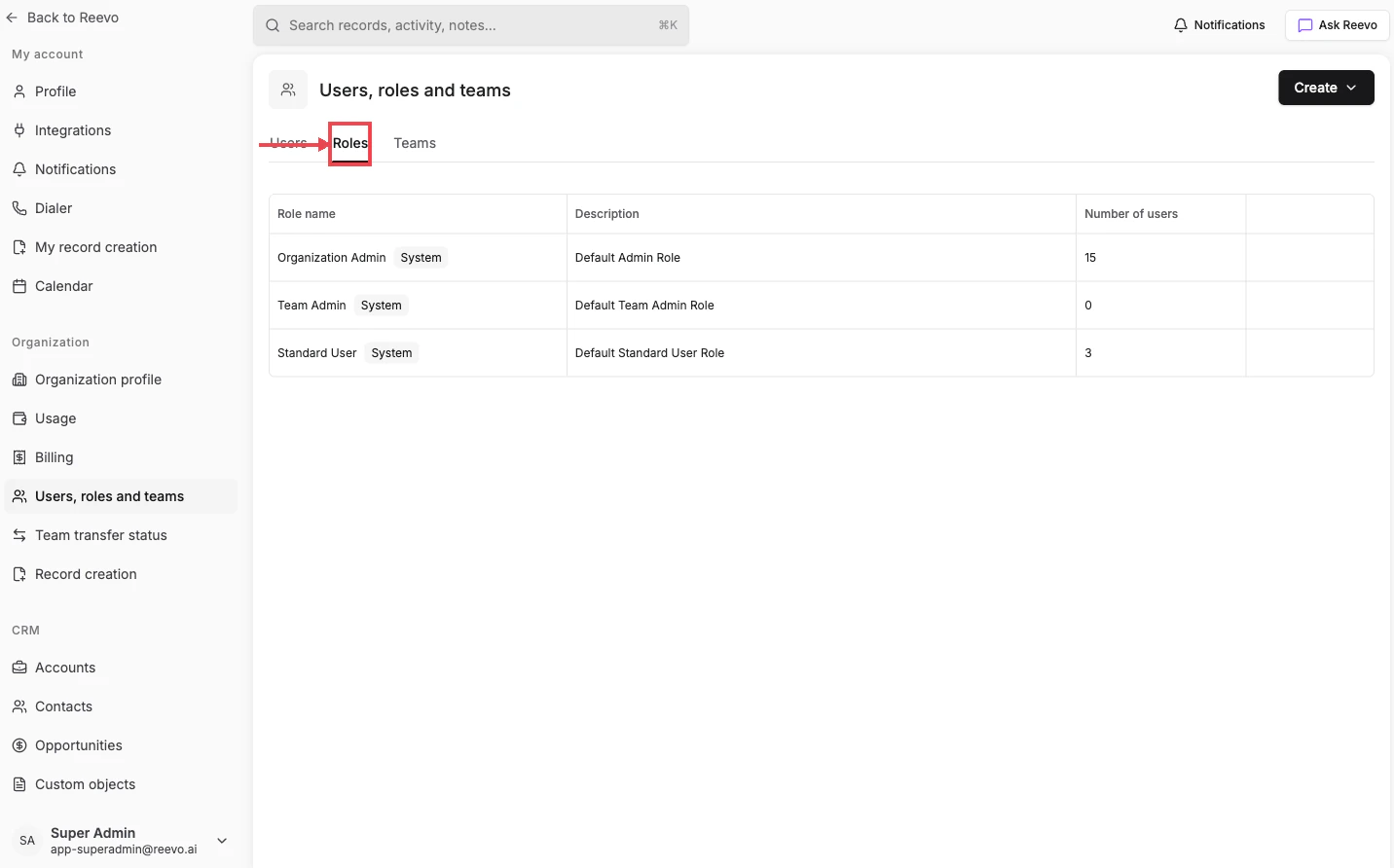 Roles tab on the Users, roles and teams page