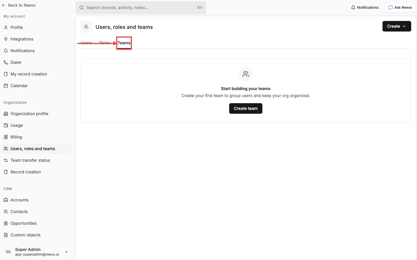 Teams tab on the Users, roles and teams page with the empty state