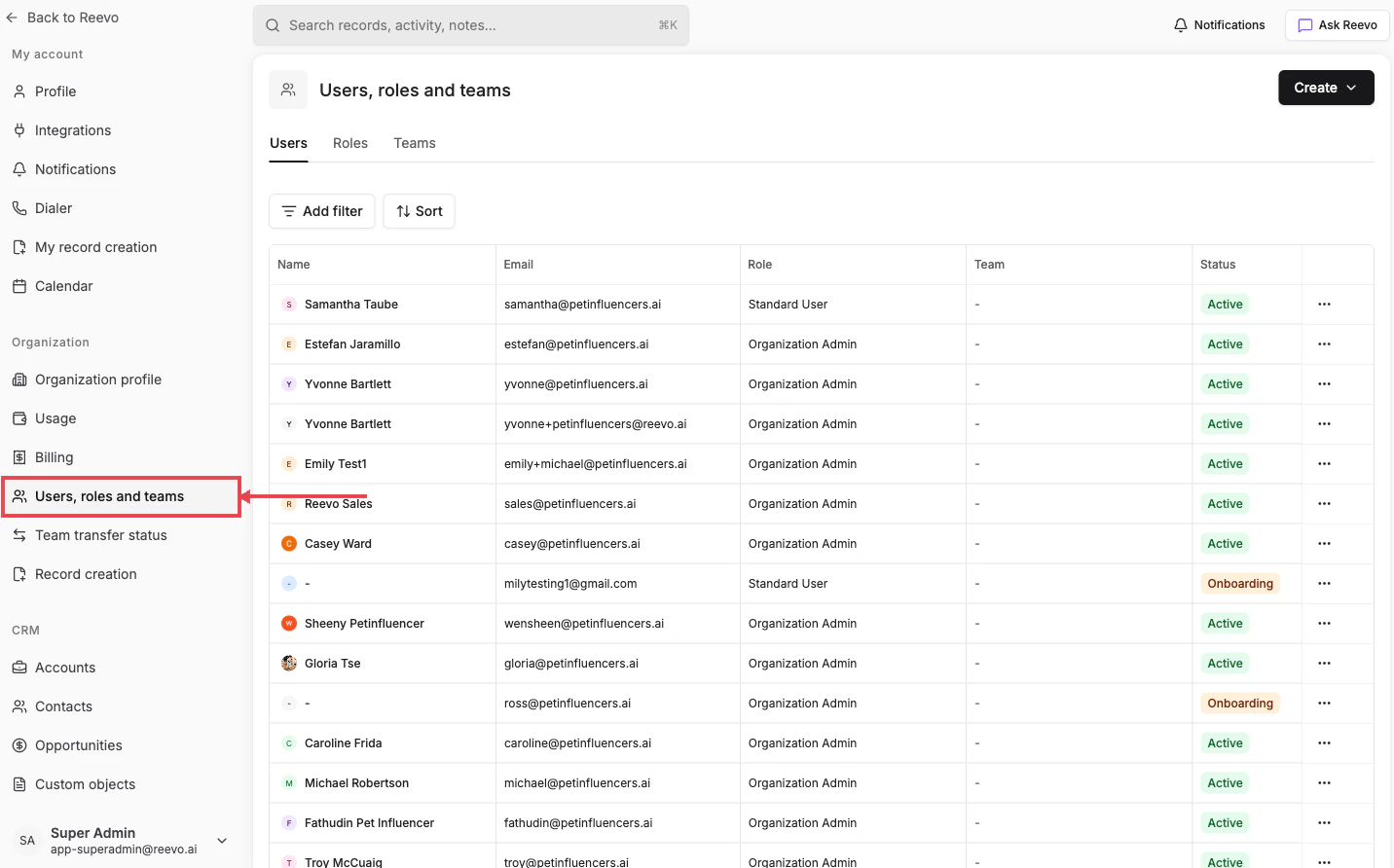 Users, roles and teams page with the Users tab open